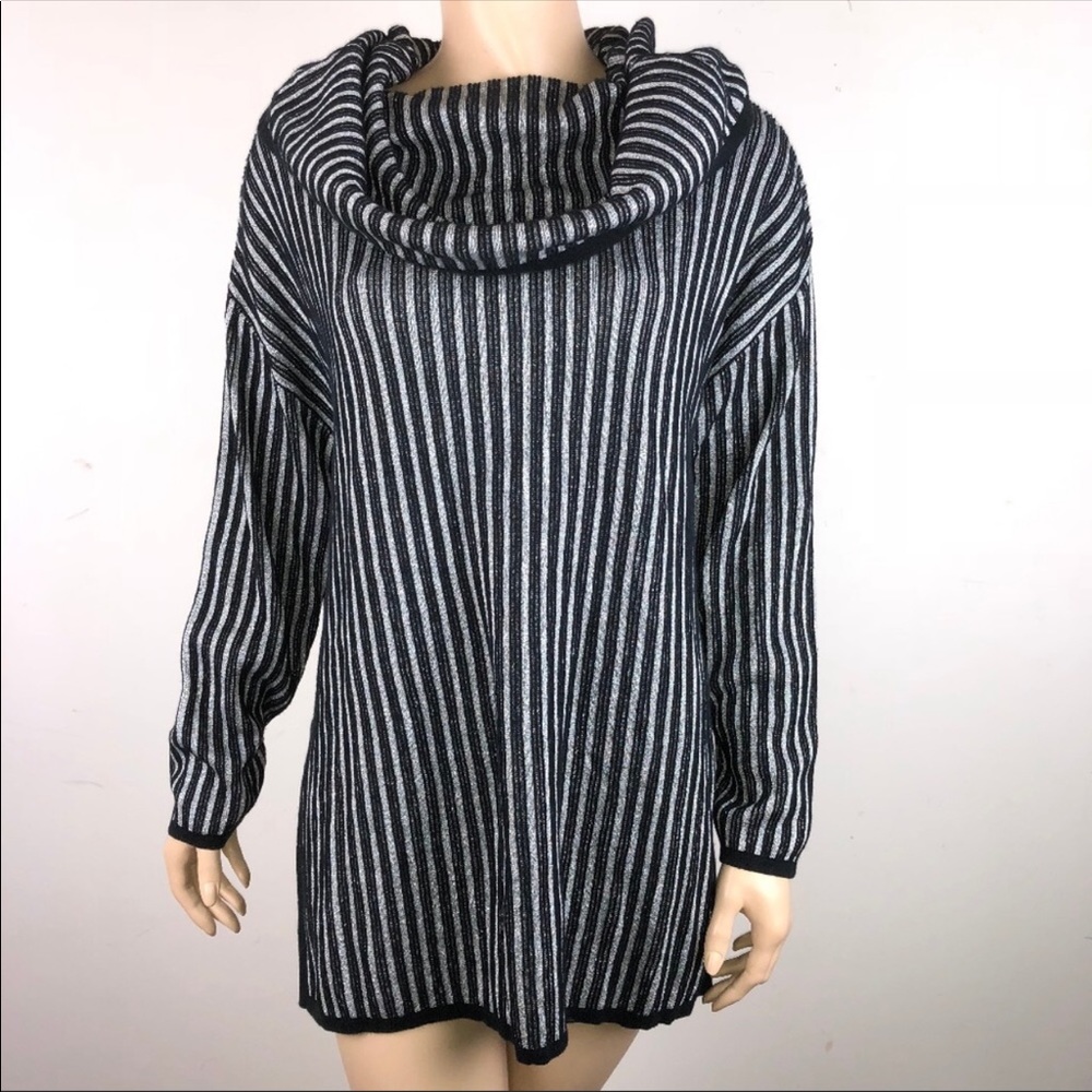 Anne Klein Vertical Striped Tunic Cowl Neck Sweater - Size L